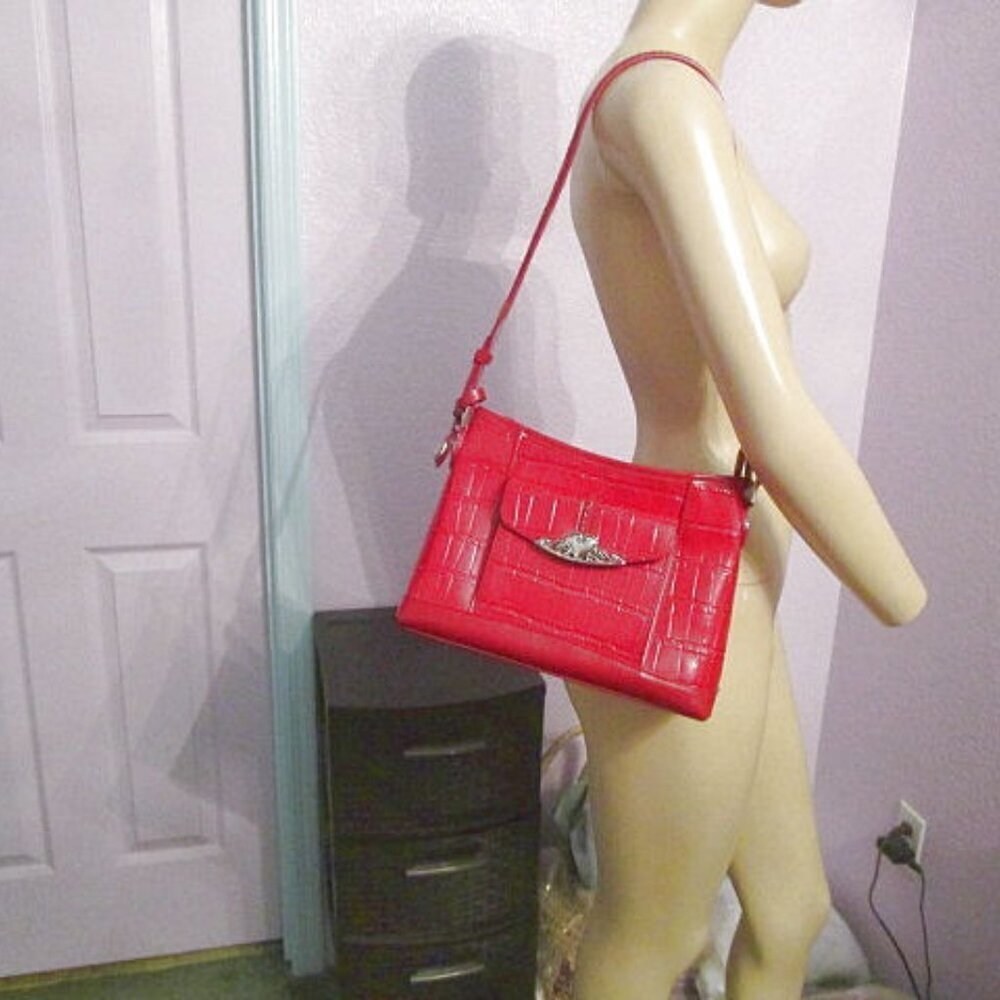 Vtg Red Leather Shoulder Bag Crocodile Embossed Heart Charms Ornament Crossbody